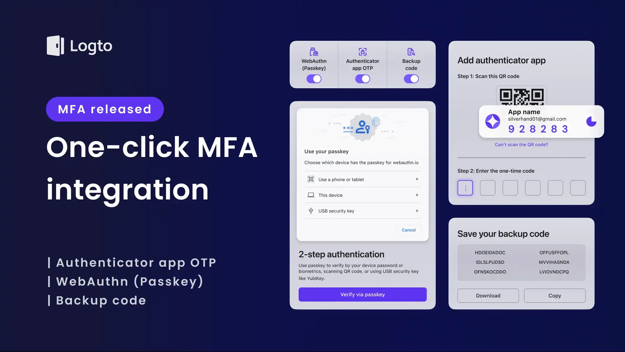 One-click MFA integration: Software OTP, Passkey, and backup code