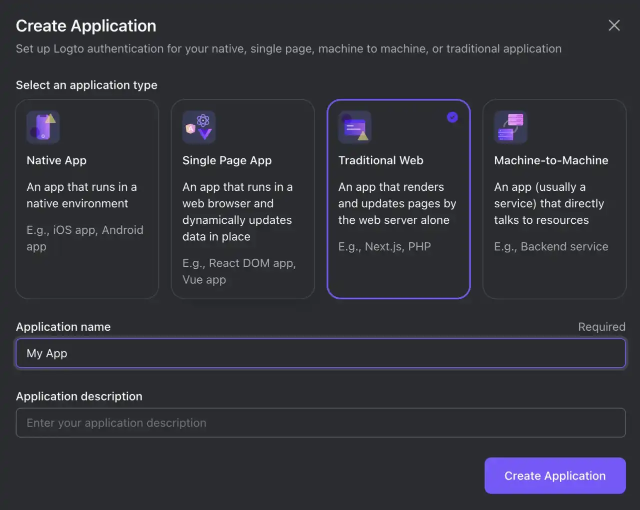 The "Create application" modal shows several application types