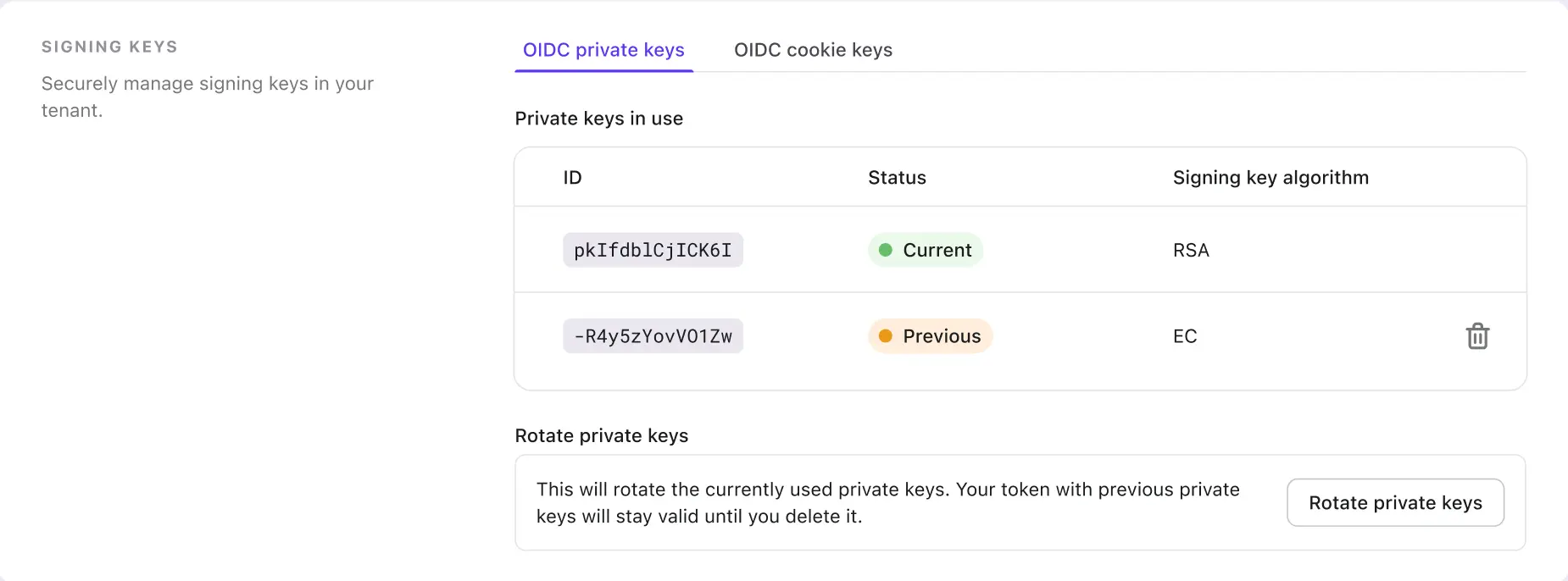 Console UI screenshot for rotate OIDC keys