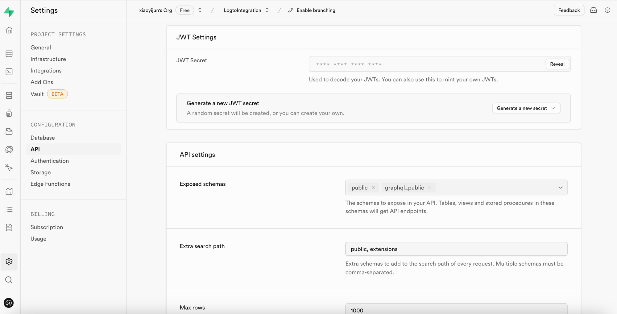 Supabase API settings page